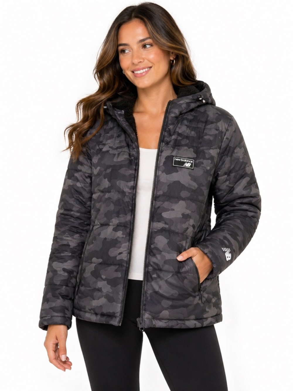 EUC Women's Camo New Balance Puffer Jacket Teddy Black Lining Size Medium